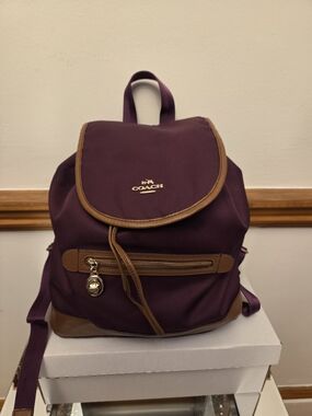AUTHENTIC 💯 Coach Women's Plum Nylon Backpack with Leather Trim